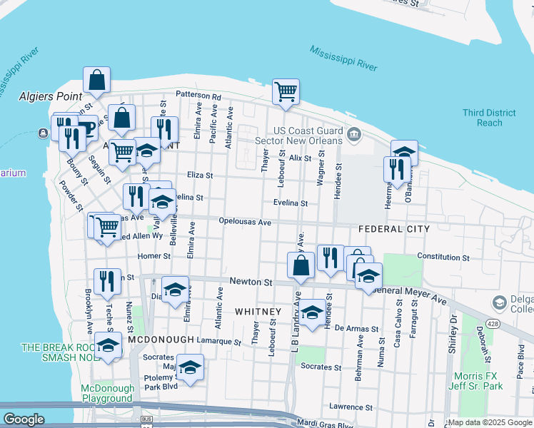 map of restaurants, bars, coffee shops, grocery stores, and more near 624 Thayer in New Orleans