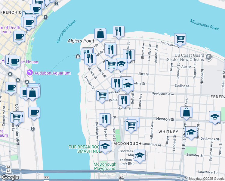 map of restaurants, bars, coffee shops, grocery stores, and more near 1017301 Verret Street in New Orleans