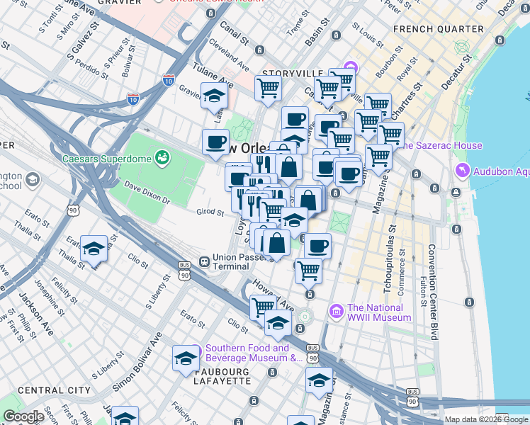 map of restaurants, bars, coffee shops, grocery stores, and more near 613 O'Keefe Avenue in New Orleans