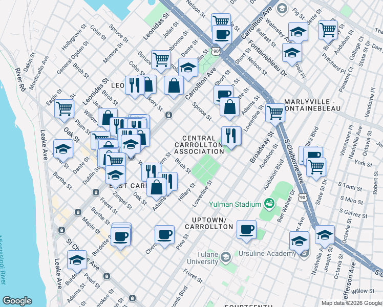 map of restaurants, bars, coffee shops, grocery stores, and more near 1713 Burdette Street in New Orleans
