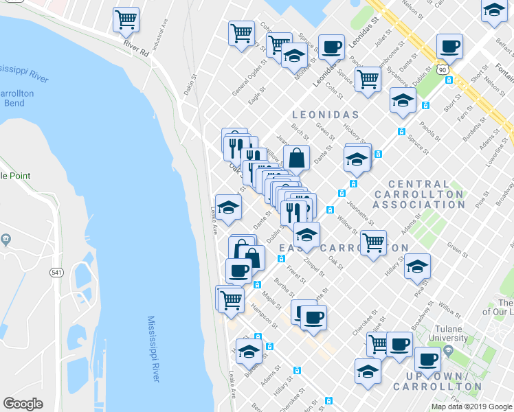 map of restaurants, bars, coffee shops, grocery stores, and more near in New Orleans