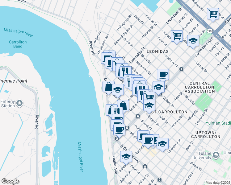 map of restaurants, bars, coffee shops, grocery stores, and more near 8515 Freret Street in New Orleans
