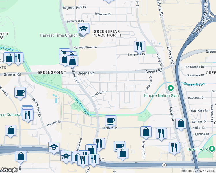 map of restaurants, bars, coffee shops, grocery stores, and more near 535 Seminar Drive in Houston