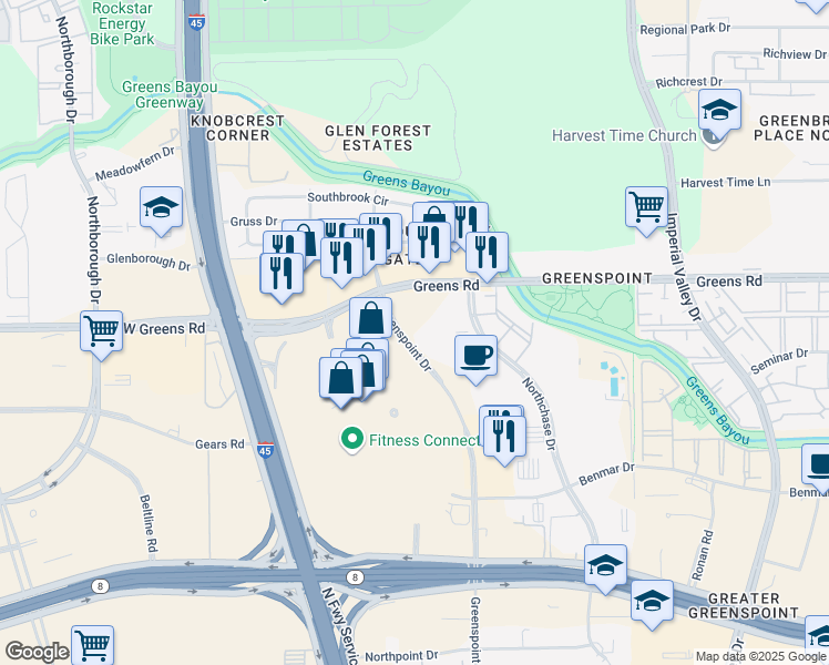 map of restaurants, bars, coffee shops, grocery stores, and more near 12450 Greenspoint Drive in Houston