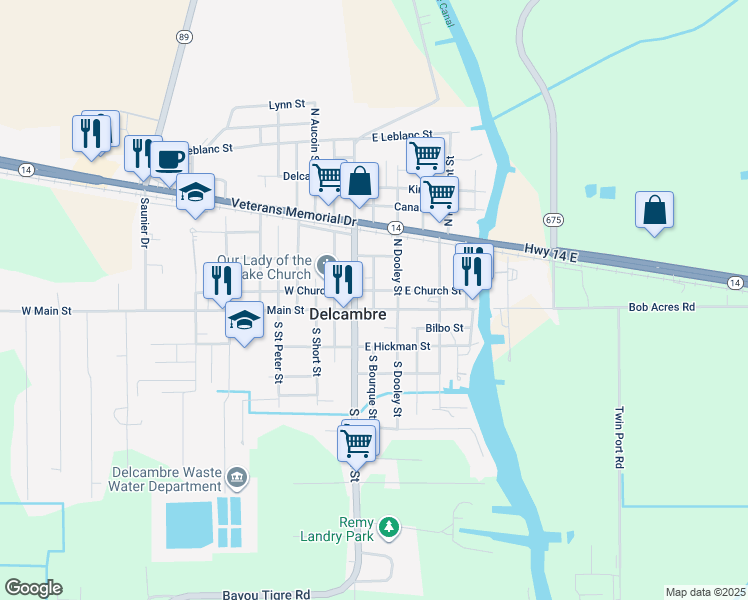map of restaurants, bars, coffee shops, grocery stores, and more near North Fernand Street in Delcambre