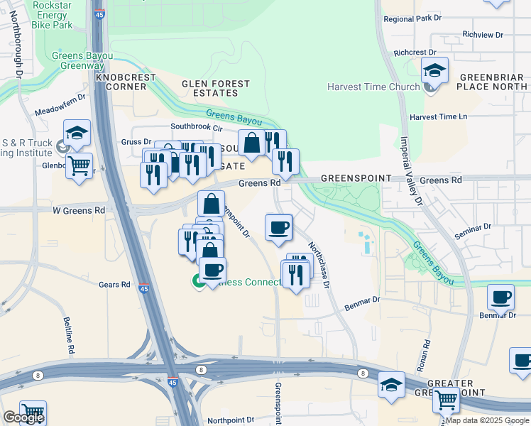 map of restaurants, bars, coffee shops, grocery stores, and more near 12450 Greenspoint Drive in Houston