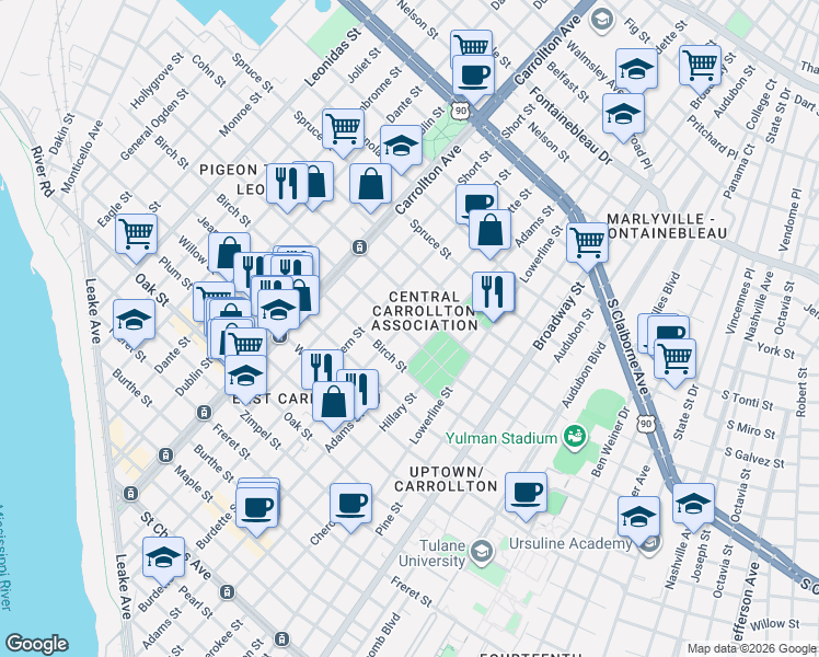 map of restaurants, bars, coffee shops, grocery stores, and more near 1713 Burdette Street in New Orleans