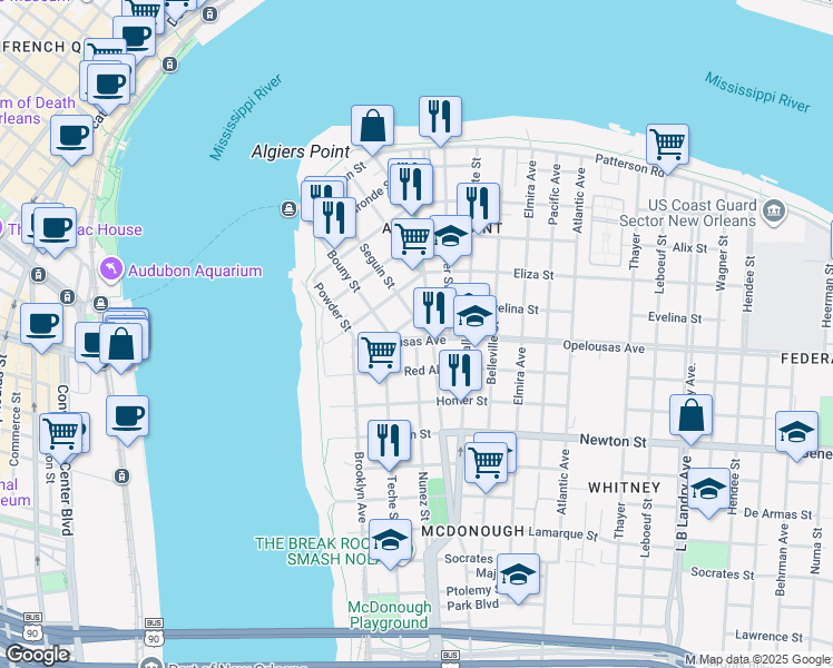 map of restaurants, bars, coffee shops, grocery stores, and more near 1017301 Verret Street in New Orleans
