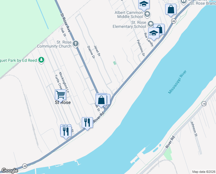 map of restaurants, bars, coffee shops, grocery stores, and more near 100 Janet Drive in Saint Rose