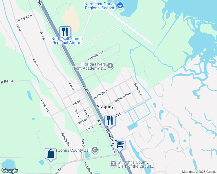 map of restaurants, bars, coffee shops, grocery stores, and more near 4660 Second Avenue in St. Augustine