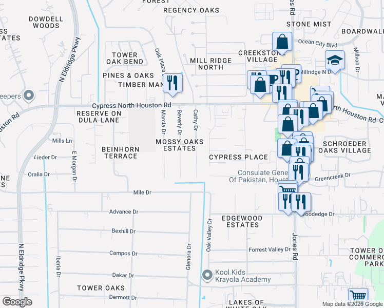 map of restaurants, bars, coffee shops, grocery stores, and more near 11913 Cathy Drive in Houston