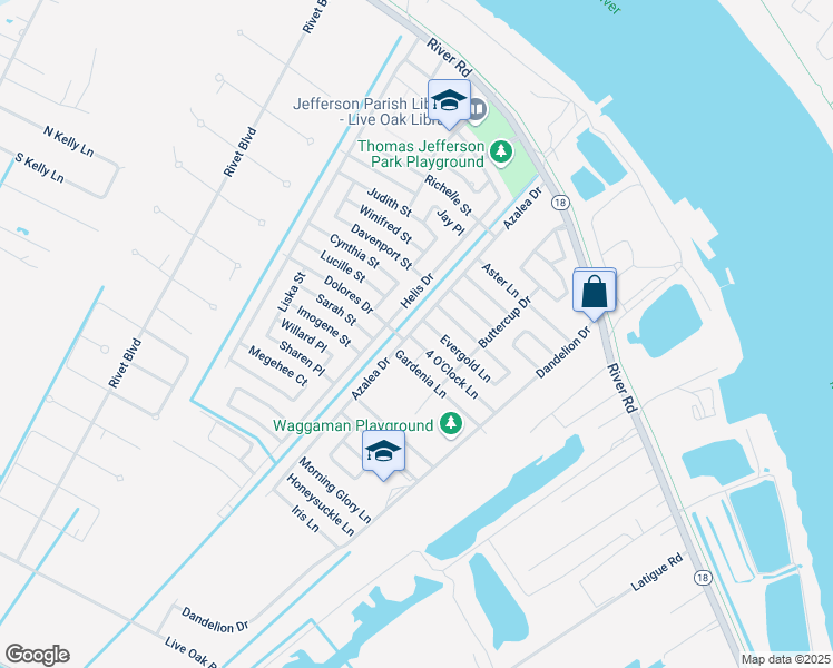 map of restaurants, bars, coffee shops, grocery stores, and more near 9 Evergold Lane in Westwego