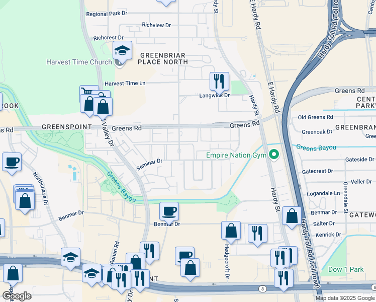 map of restaurants, bars, coffee shops, grocery stores, and more near 555 Seminar Drive in Houston
