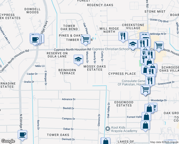 map of restaurants, bars, coffee shops, grocery stores, and more near 11919 Beverly Drive in Houston