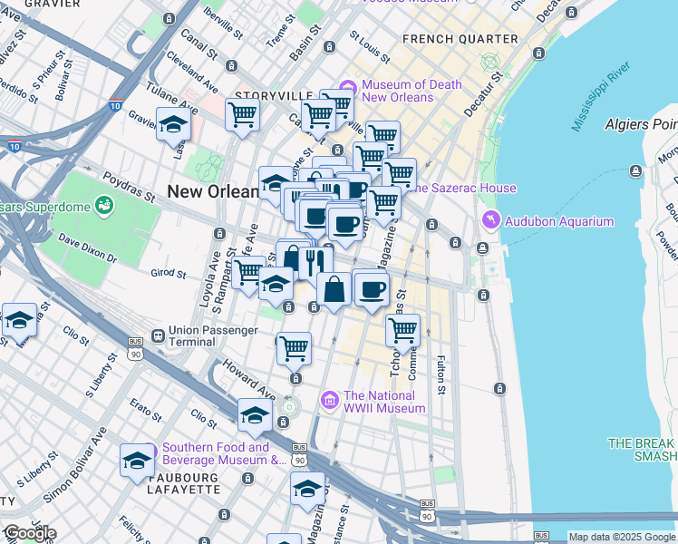 map of restaurants, bars, coffee shops, grocery stores, and more near 650 Poydras Street in New Orleans