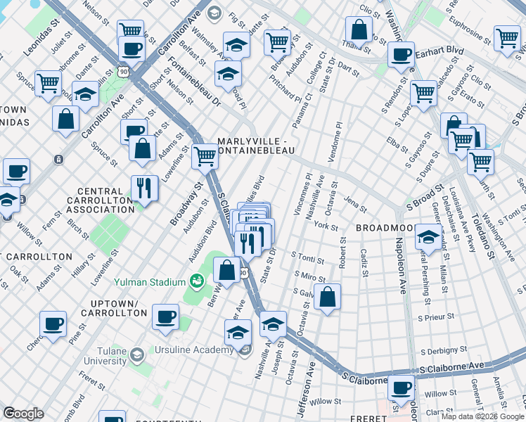 map of restaurants, bars, coffee shops, grocery stores, and more near 3326 Calhoun Street in New Orleans