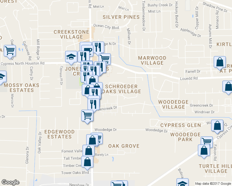 map of restaurants, bars, coffee shops, grocery stores, and more near 10702 Knoll Bend Lane in Houston