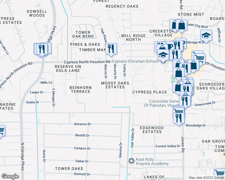 map of restaurants, bars, coffee shops, grocery stores, and more near 11919 Beverly Drive in Houston