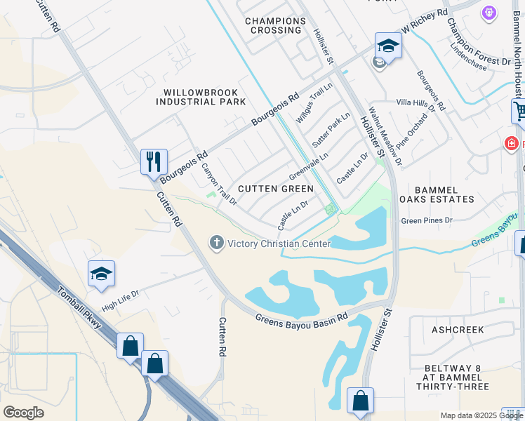 map of restaurants, bars, coffee shops, grocery stores, and more near 6714 Brittany Park Lane in Houston