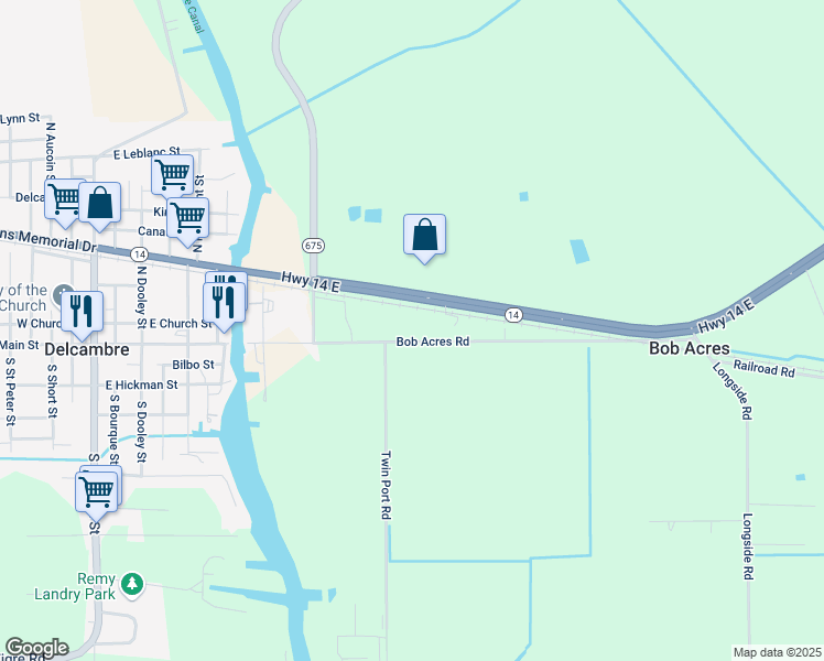 map of restaurants, bars, coffee shops, grocery stores, and more near 5202 Bob Acres Road in Delcambre