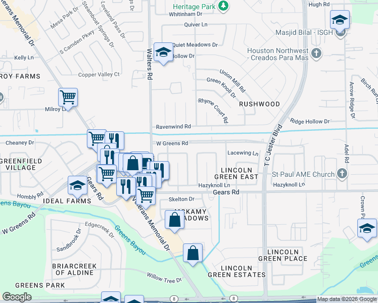 map of restaurants, bars, coffee shops, grocery stores, and more near 2702 Lacewing Lane in Houston