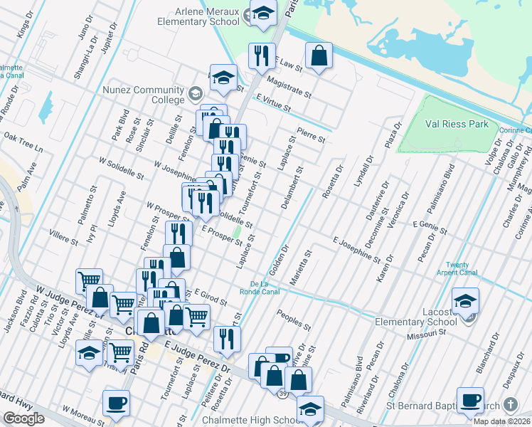 map of restaurants, bars, coffee shops, grocery stores, and more near 3321 Laplace Street in Chalmette