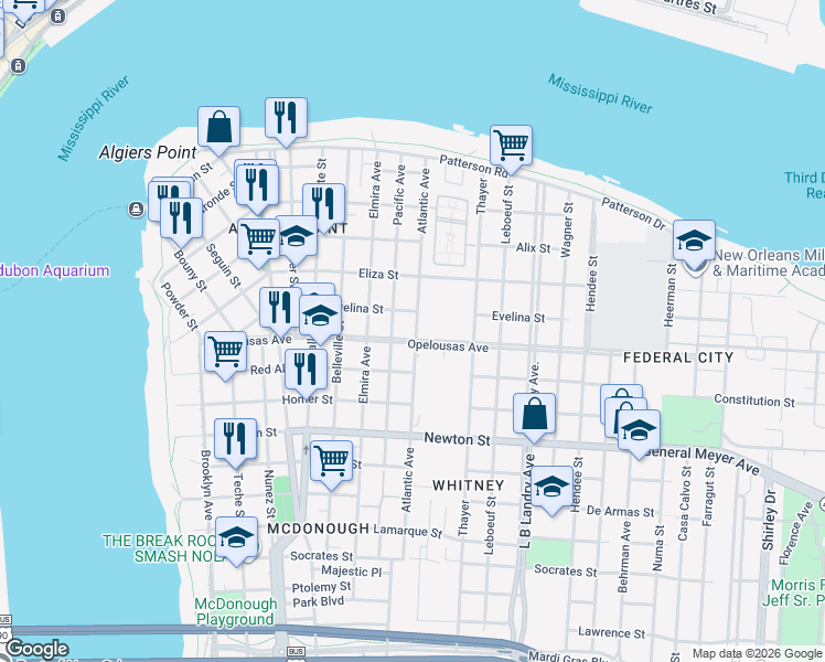 map of restaurants, bars, coffee shops, grocery stores, and more near 623 Atlantic Avenue in New Orleans