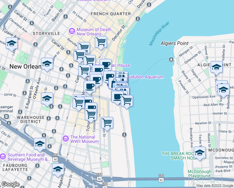 map of restaurants, bars, coffee shops, grocery stores, and more near 2 Canal Street in New Orleans