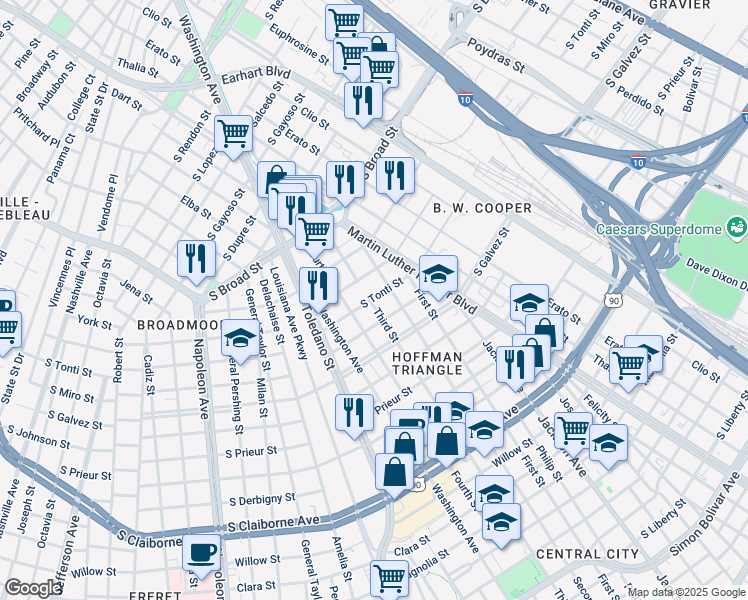 map of restaurants, bars, coffee shops, grocery stores, and more near 2601 South Tonti Street in New Orleans
