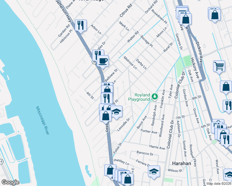 map of restaurants, bars, coffee shops, grocery stores, and more near 408 Rural Street in River Ridge