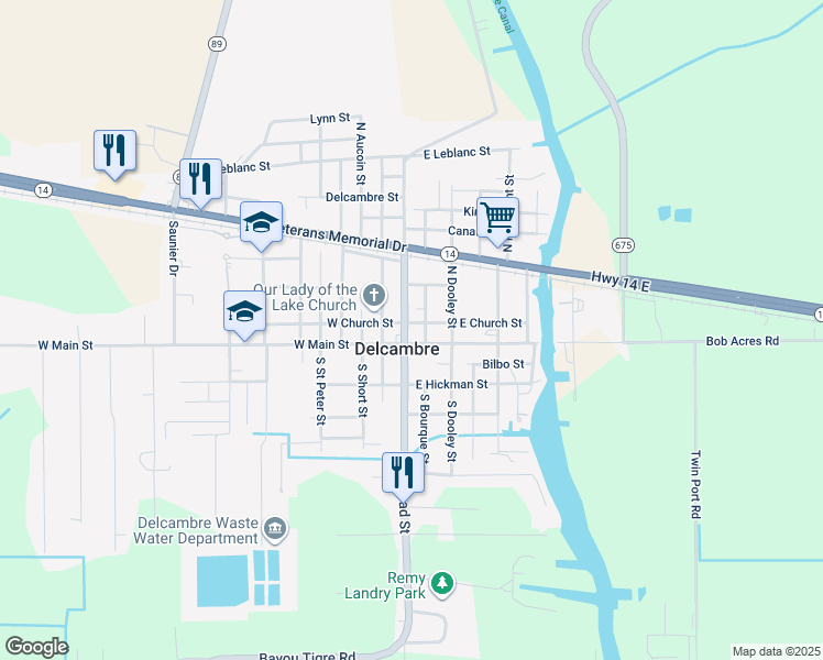 map of restaurants, bars, coffee shops, grocery stores, and more near North Fernand Street in Delcambre
