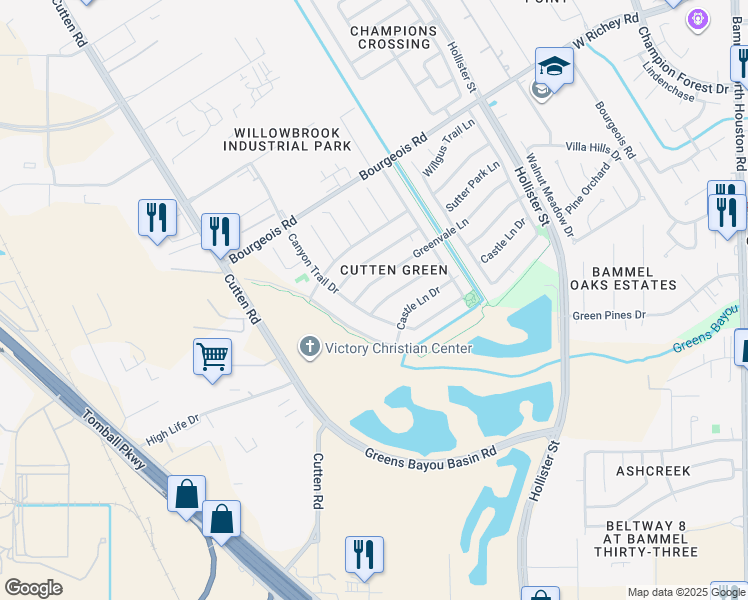 map of restaurants, bars, coffee shops, grocery stores, and more near 6714 Brittany Park Lane in Houston