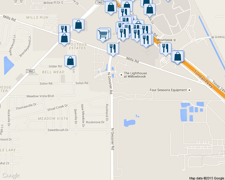 map of restaurants, bars, coffee shops, grocery stores, and more near 12025 North Gessner Road in Houston