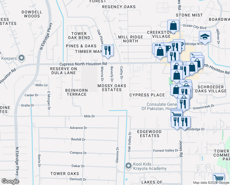 map of restaurants, bars, coffee shops, grocery stores, and more near 11913 Cathy Drive in Houston