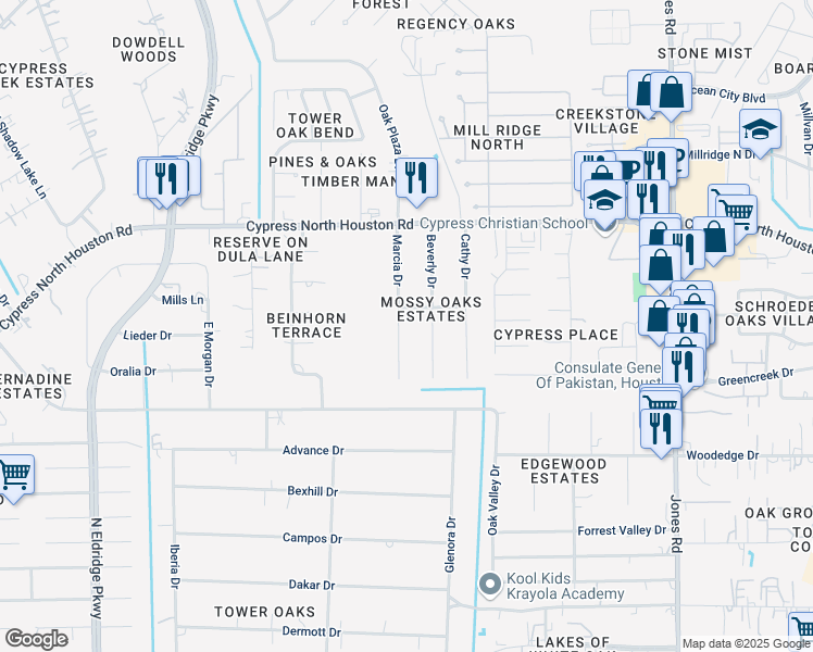 map of restaurants, bars, coffee shops, grocery stores, and more near 11919 Beverly Drive in Houston