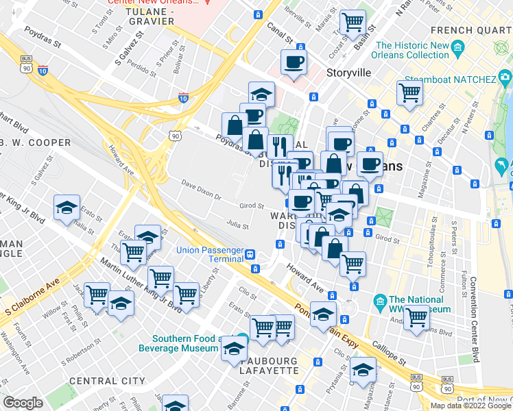 map of restaurants, bars, coffee shops, grocery stores, and more near Girod Street in New Orleans