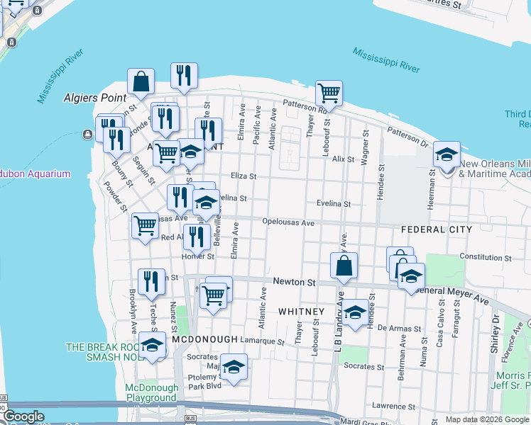 map of restaurants, bars, coffee shops, grocery stores, and more near 623 Atlantic Avenue in New Orleans