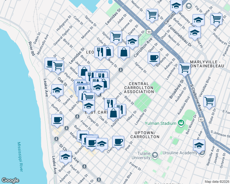map of restaurants, bars, coffee shops, grocery stores, and more near 1525 Short Street in New Orleans