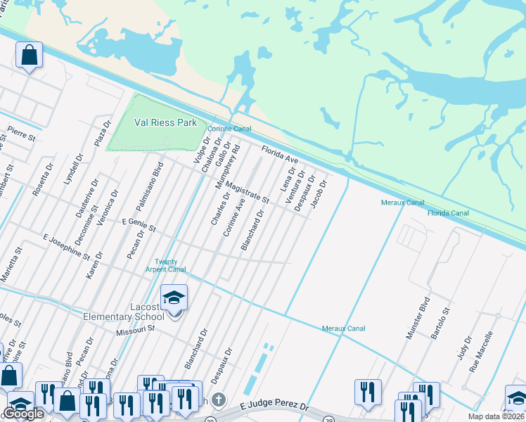 map of restaurants, bars, coffee shops, grocery stores, and more near 3726 Lena Drive in Chalmette