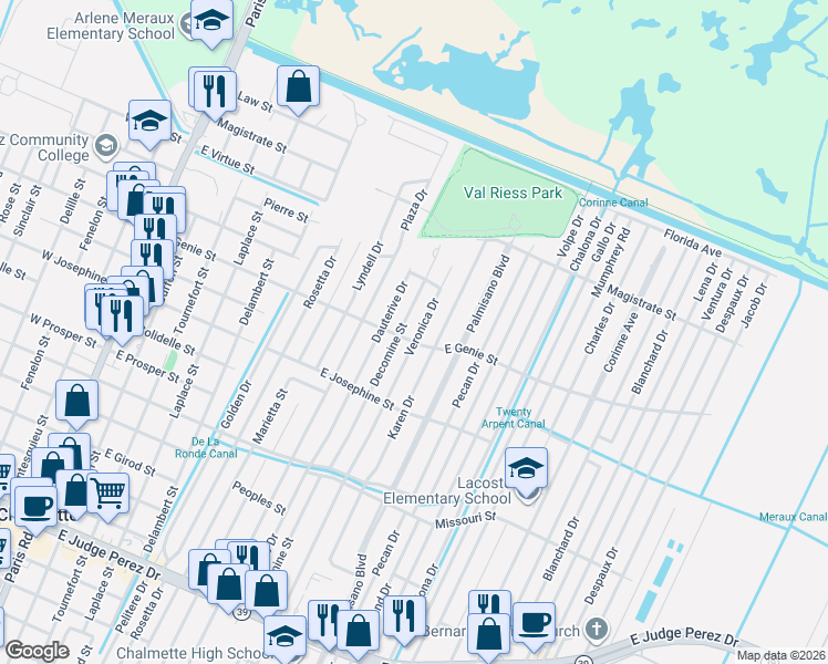 map of restaurants, bars, coffee shops, grocery stores, and more near 3604 Veronica Drive in Chalmette