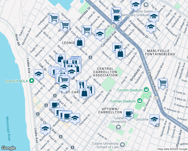 map of restaurants, bars, coffee shops, grocery stores, and more near 1619 Fern Street in New Orleans