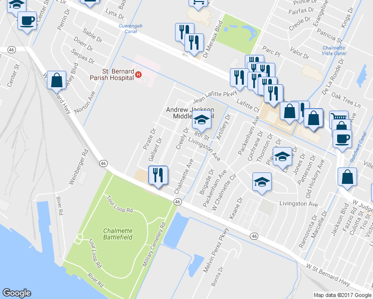 map of restaurants, bars, coffee shops, grocery stores, and more near 106 6th Street in Chalmette