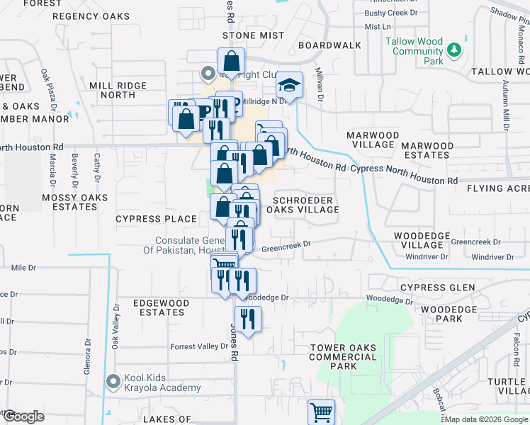 map of restaurants, bars, coffee shops, grocery stores, and more near 12022 Cyprus Field in Houston