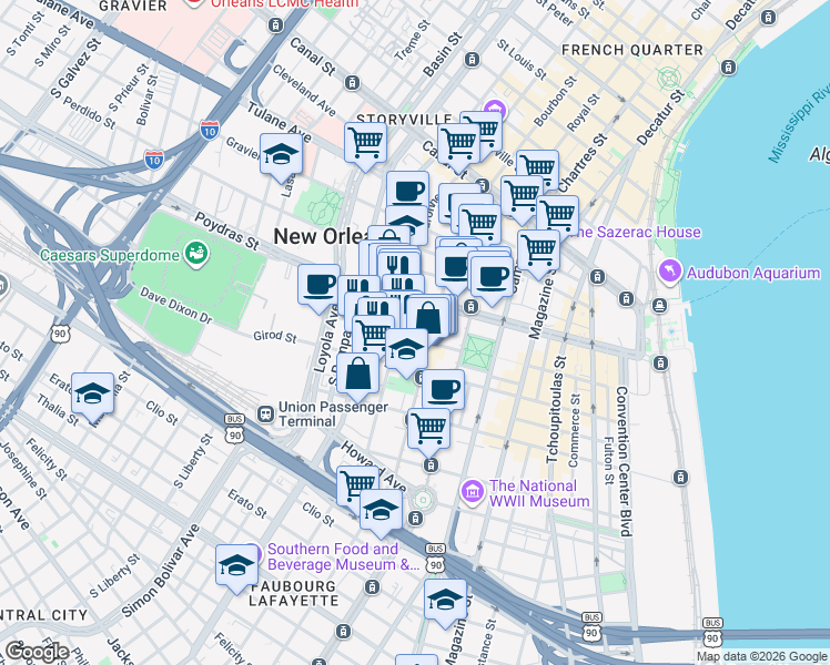 map of restaurants, bars, coffee shops, grocery stores, and more near 549 Baronne Street in New Orleans