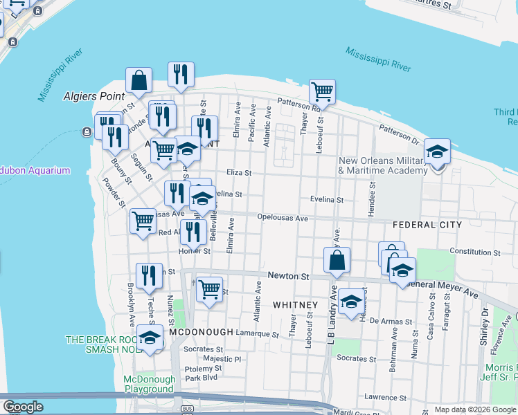 map of restaurants, bars, coffee shops, grocery stores, and more near 623 Atlantic Avenue in New Orleans