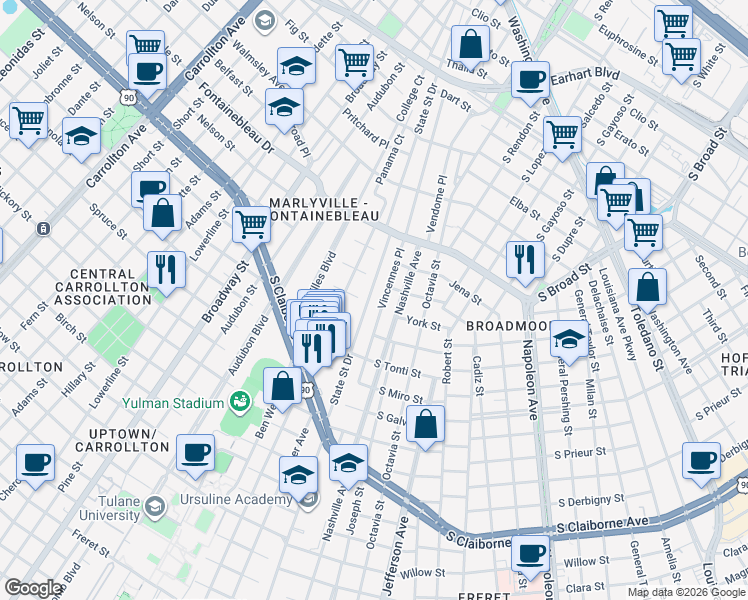 map of restaurants, bars, coffee shops, grocery stores, and more near 3605 State St Dr in New Orleans