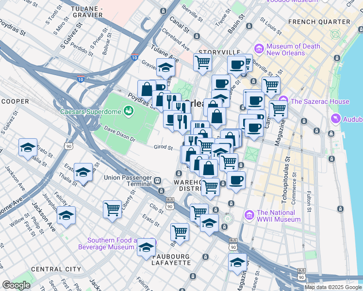 map of restaurants, bars, coffee shops, grocery stores, and more near 639 Loyola Avenue in New Orleans