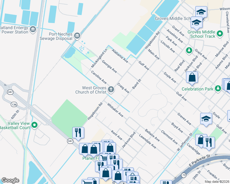 map of restaurants, bars, coffee shops, grocery stores, and more near 5468 Hogaboom Road in Groves