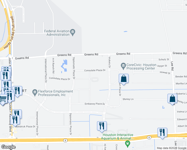 map of restaurants, bars, coffee shops, grocery stores, and more near 4740 Consulate Plaza Drive in Houston