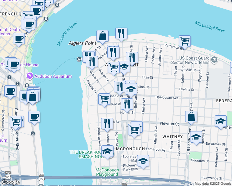 map of restaurants, bars, coffee shops, grocery stores, and more near 1017301 Verret Street in New Orleans